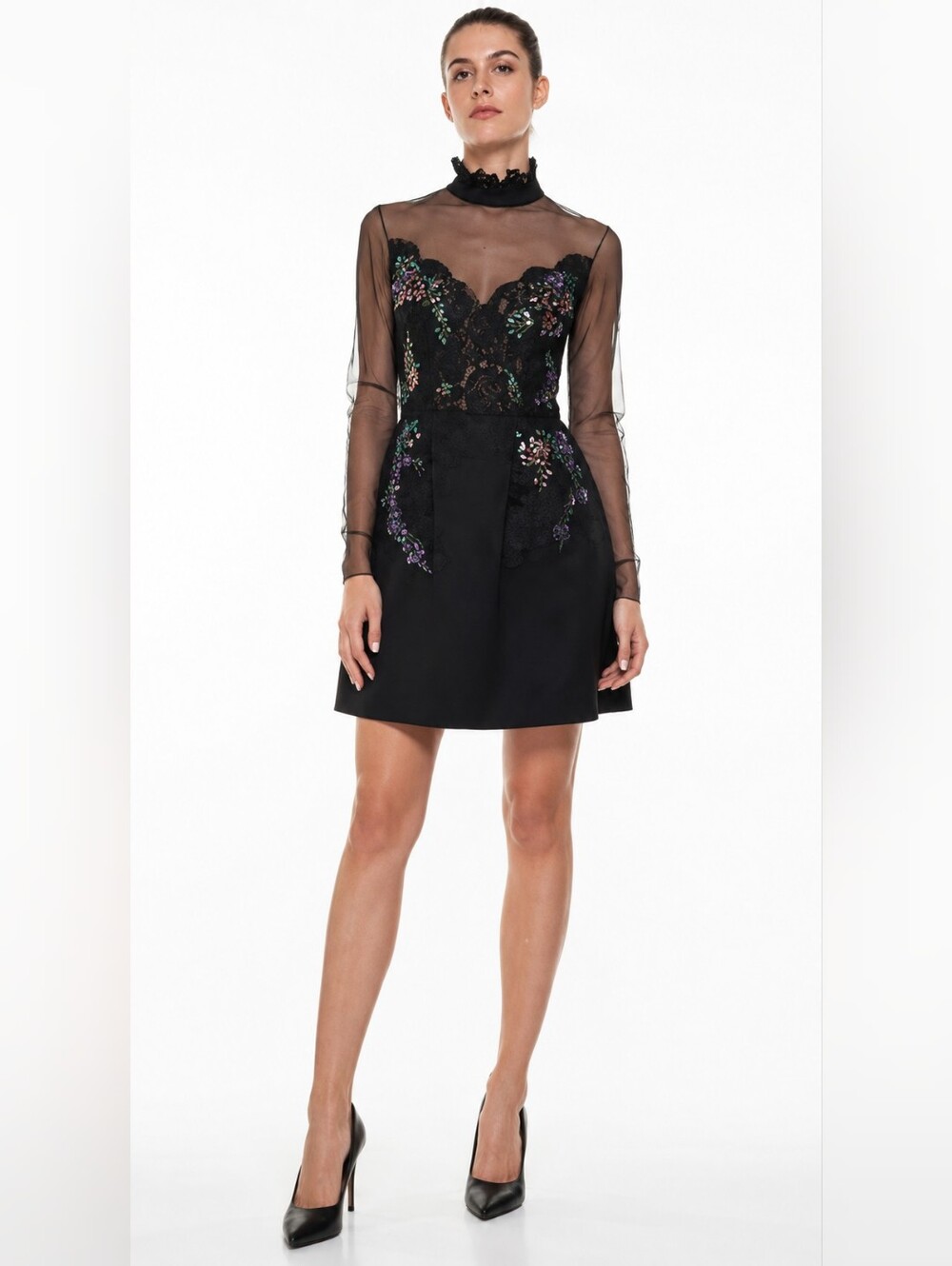 Pinko Sequin Embroidered Sheer Lace Mock Neck Mini Dress S